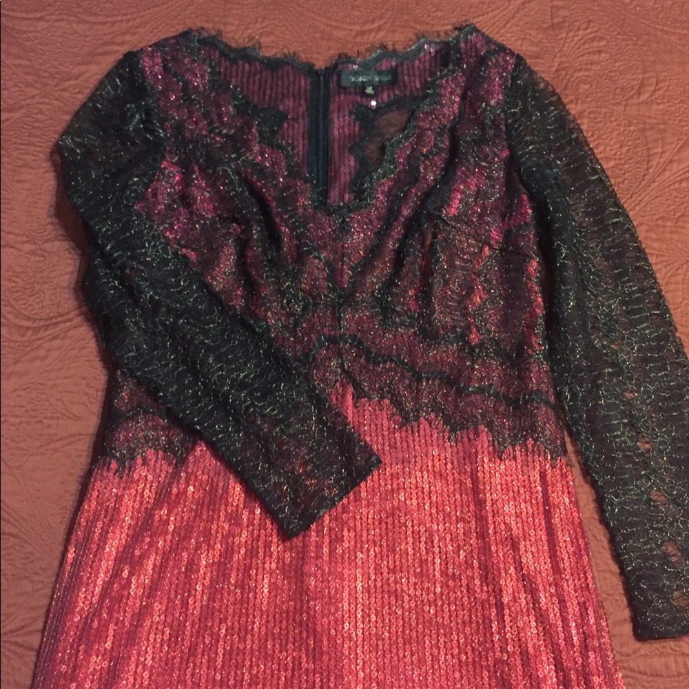 Metallic Chantilly Lace Over Sequin Lace Long Sleeve Gown - Picture 5 of 12